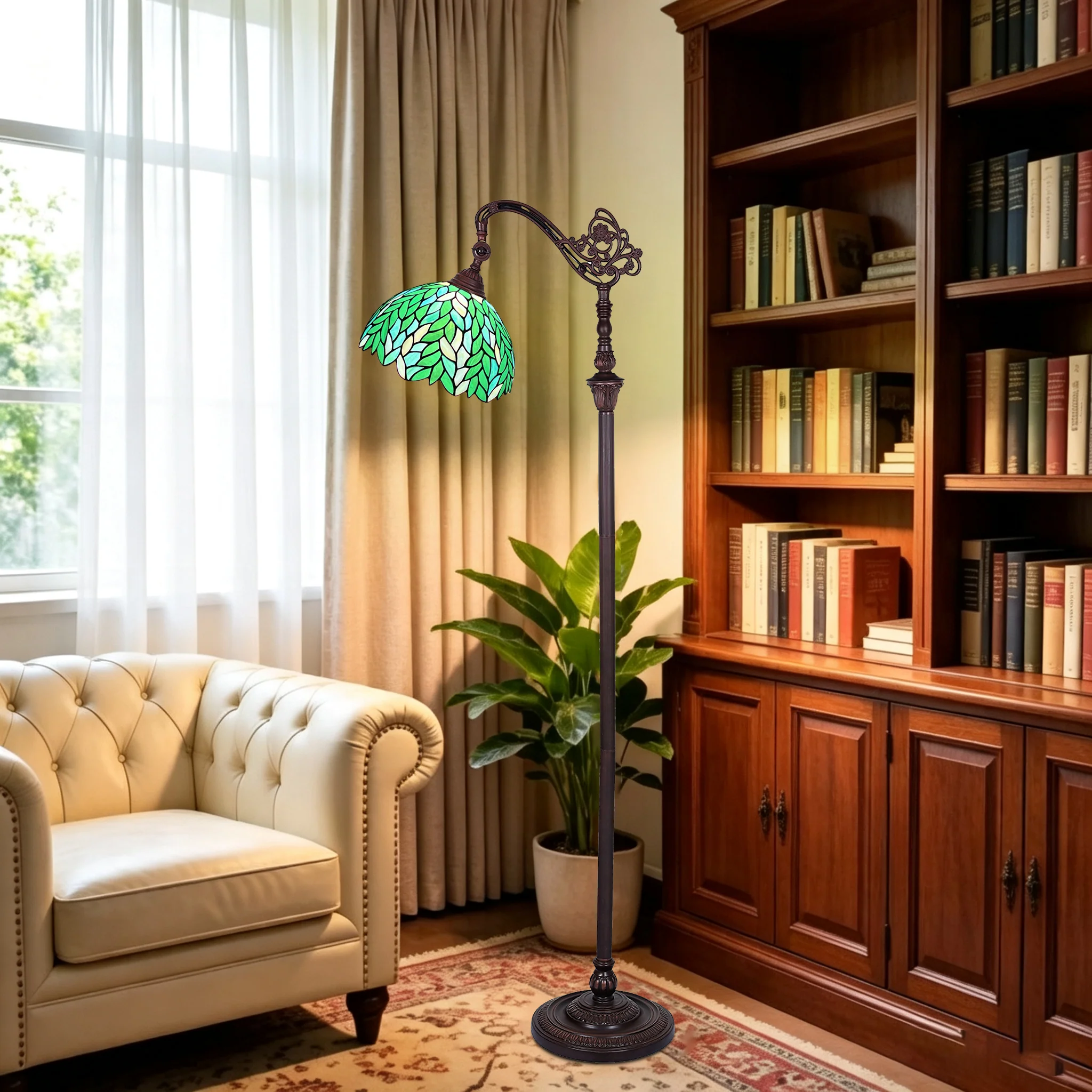 Tiffany Floor Lamp Green Wisteria Gooseneck Stained Glass Reading Light - Image 3