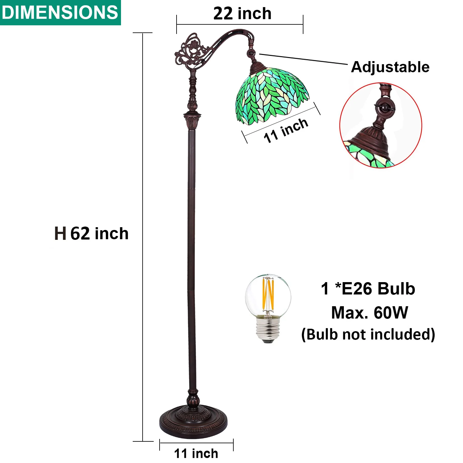 Tiffany Floor Lamp Green Wisteria Gooseneck Stained Glass Reading Light - Image 7