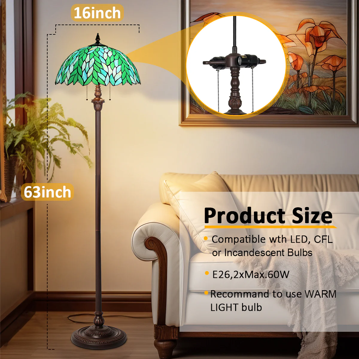 Tiffany Floor Lamp Green Wisteria Stained Glass Style Light for Living Room - Image 5