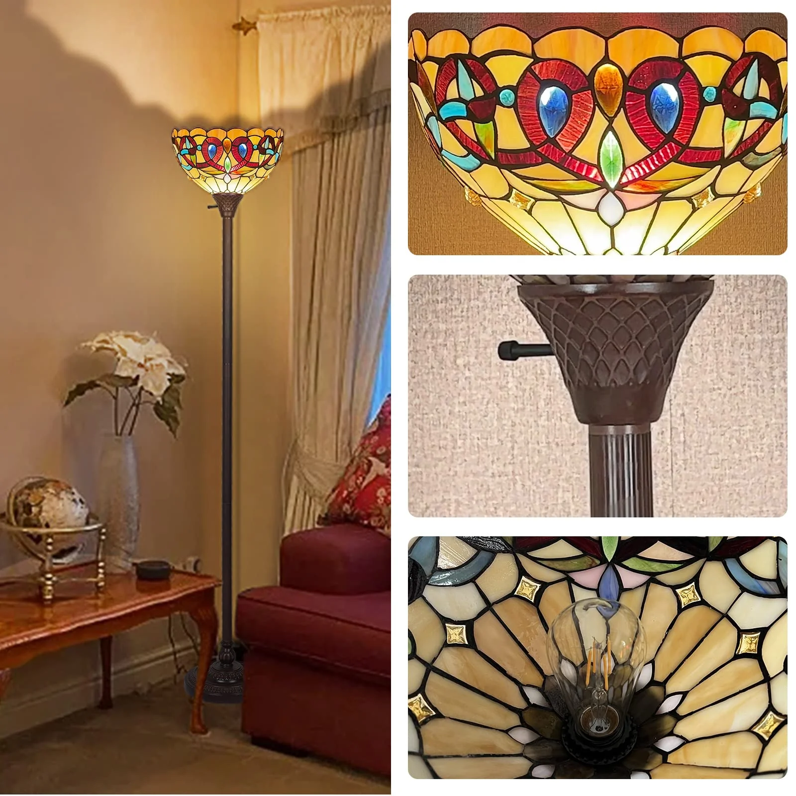 Capulina Floor Lamp Tiffany Torchiere Uplight 70 Tall Industrial Dark Bronze Pole Victorian Antique Style Stained Glass Standing Torch Light Decor for Living Room Bedroom Office Study - Image 4