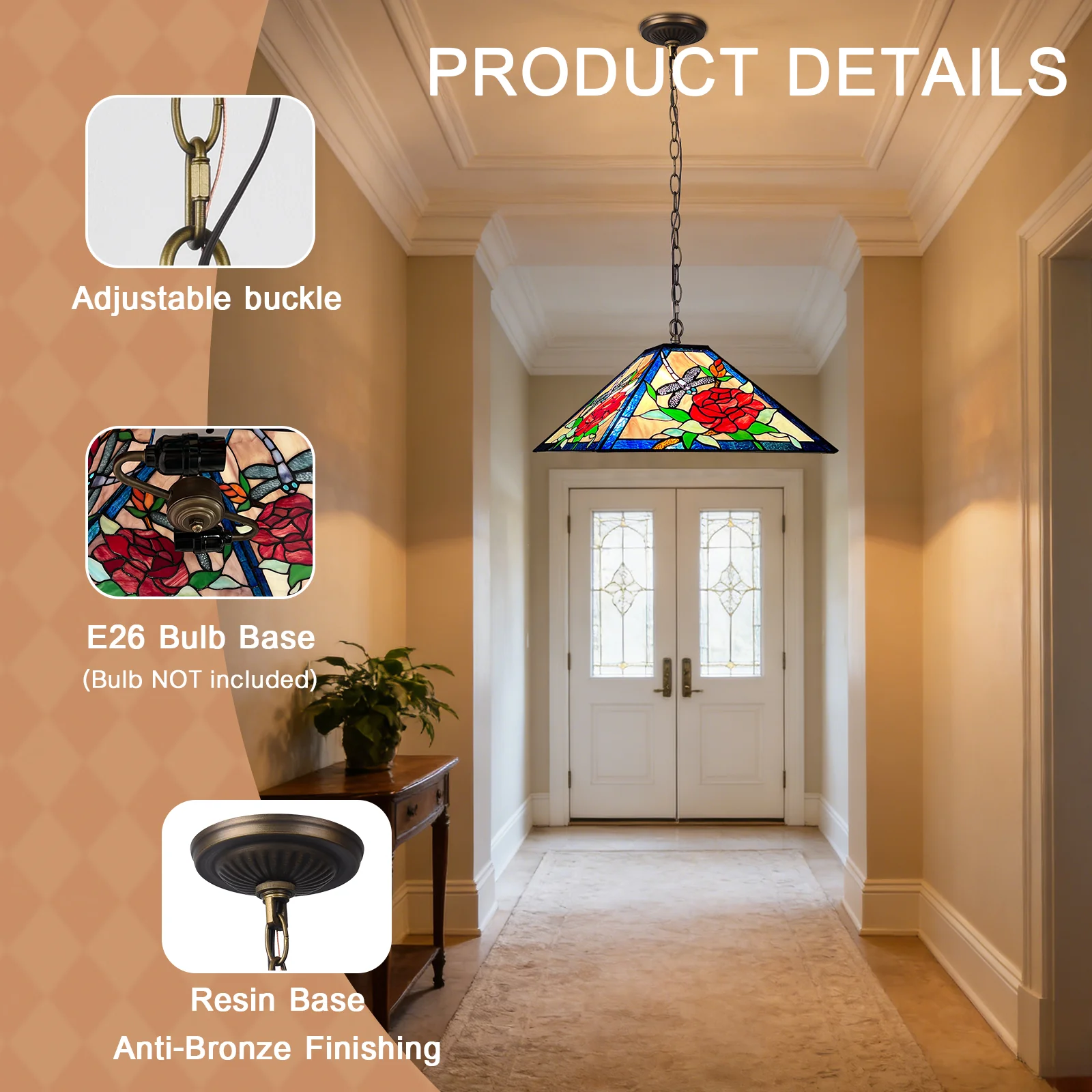 Tiffany Pendant Light — Rose & Dragonfly Stained Glass, W16" Adjustable Height - Image 7