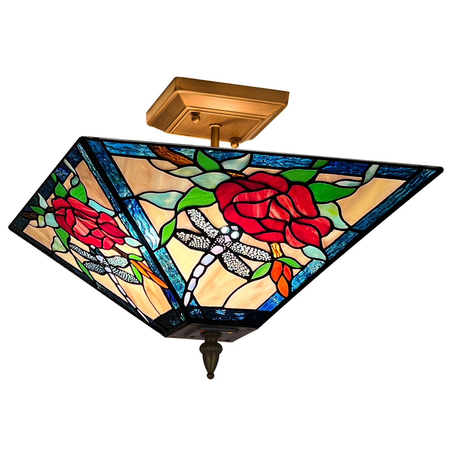 Tiffany Semi Flush Mount Ceiling Light — Rose Stained Glass, W14" × H11", 2-Light - Image 8