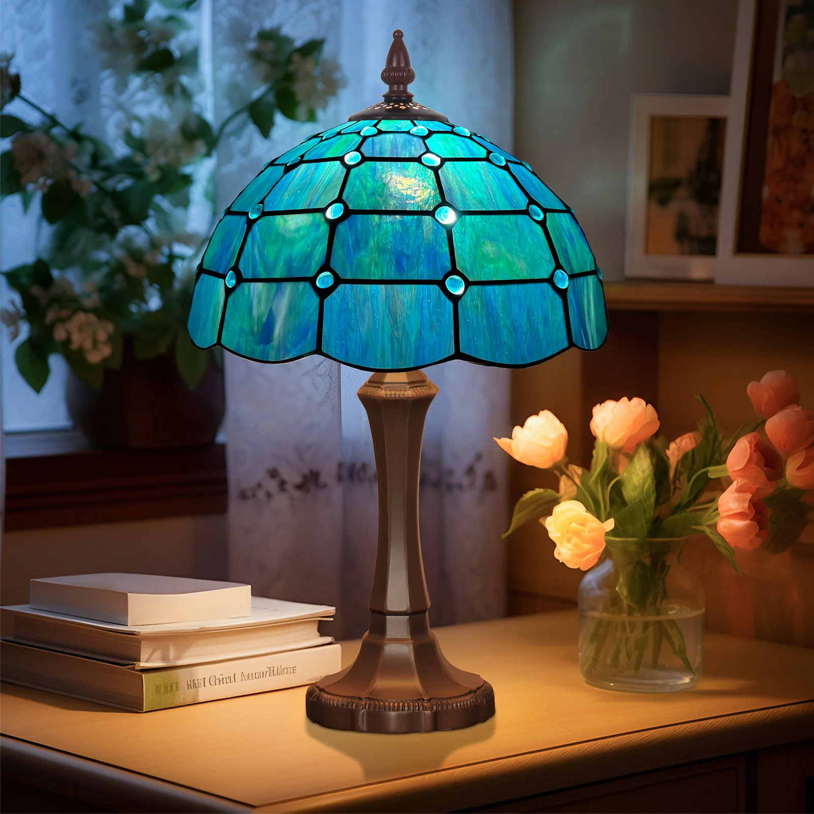 Tiffany Table Lamp 12 inch Blue Beads Style Stained Glass Table Lamp - Image 2