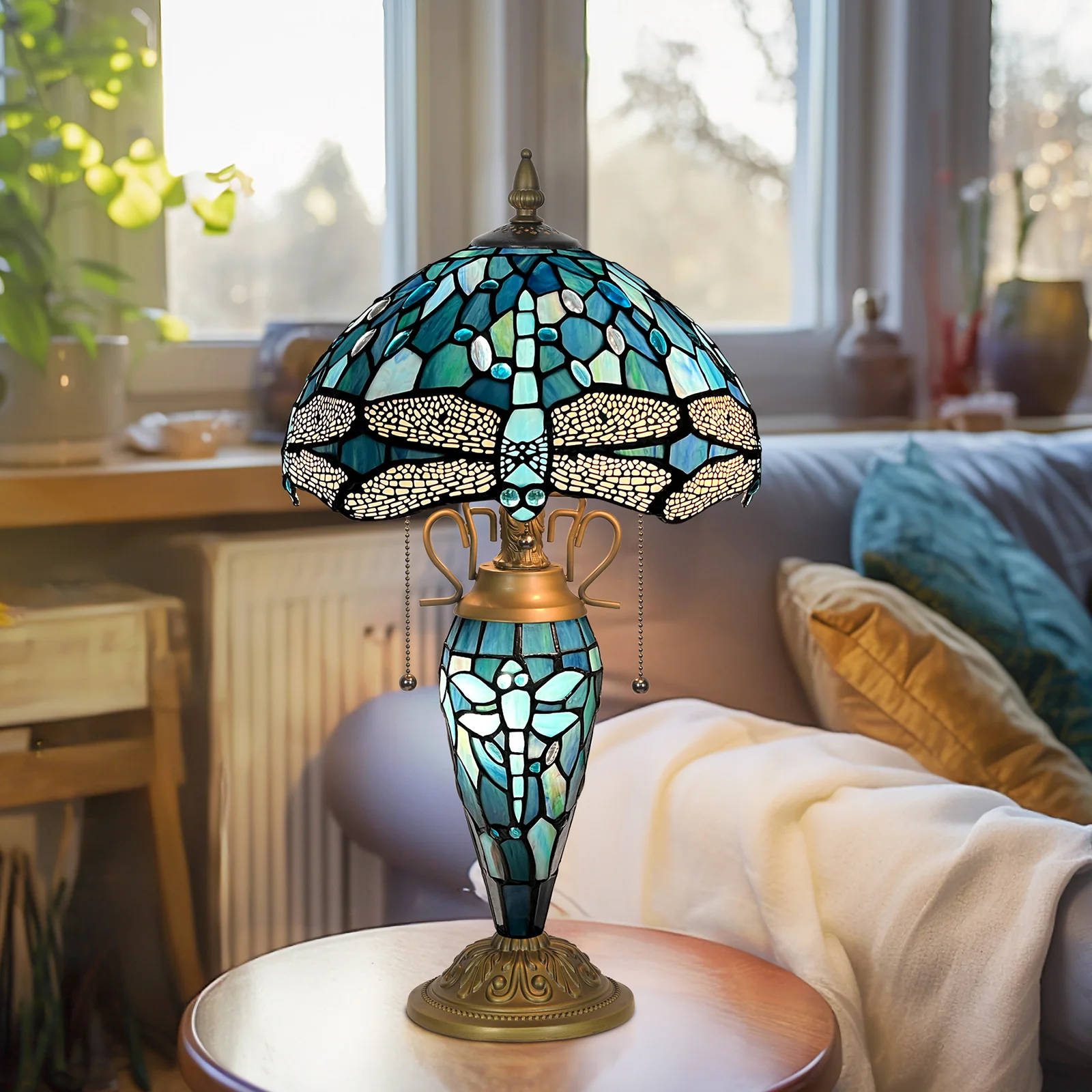 Tiffany Table Lamp with Nighlight [W12''xH24''], Tiffany Table Lights Antique Stained Glass Bedside Table Lamp for Bedside/Desk Reading/Living Room/Home Office/Bedroom(Dragonfly) - Image 2