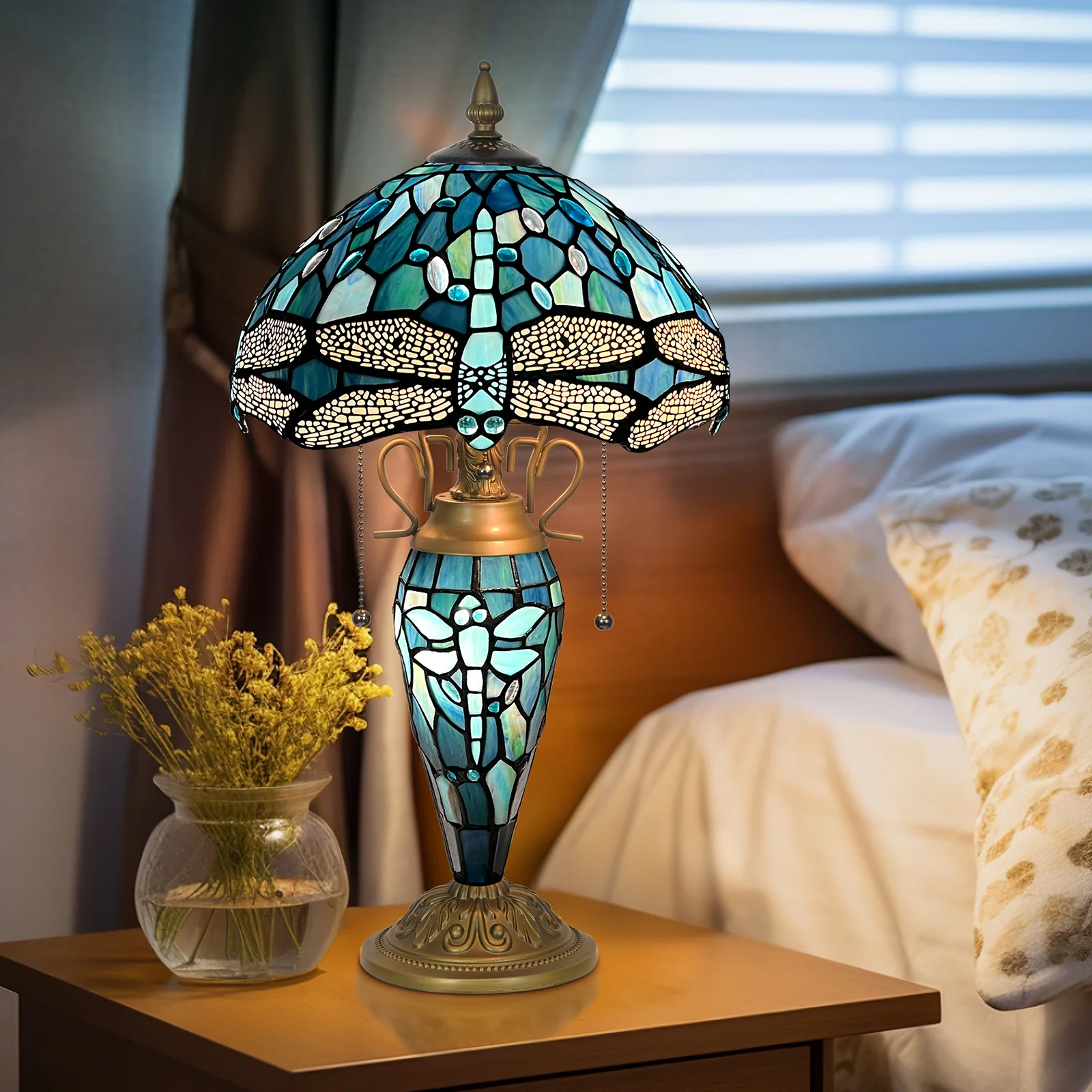 Tiffany Table Lamp with Nighlight [W12''xH24''], Tiffany Table Lights Antique Stained Glass Bedside Table Lamp for Bedside/Desk Reading/Living Room/Home Office/Bedroom(Dragonfly) - Image 3