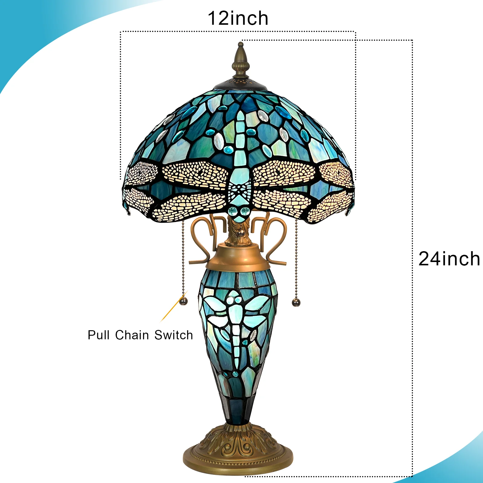 Tiffany Table Lamp with Nighlight [W12''xH24''], Tiffany Table Lights Antique Stained Glass Bedside Table Lamp for Bedside/Desk Reading/Living Room/Home Office/Bedroom(Dragonfly) - Image 5
