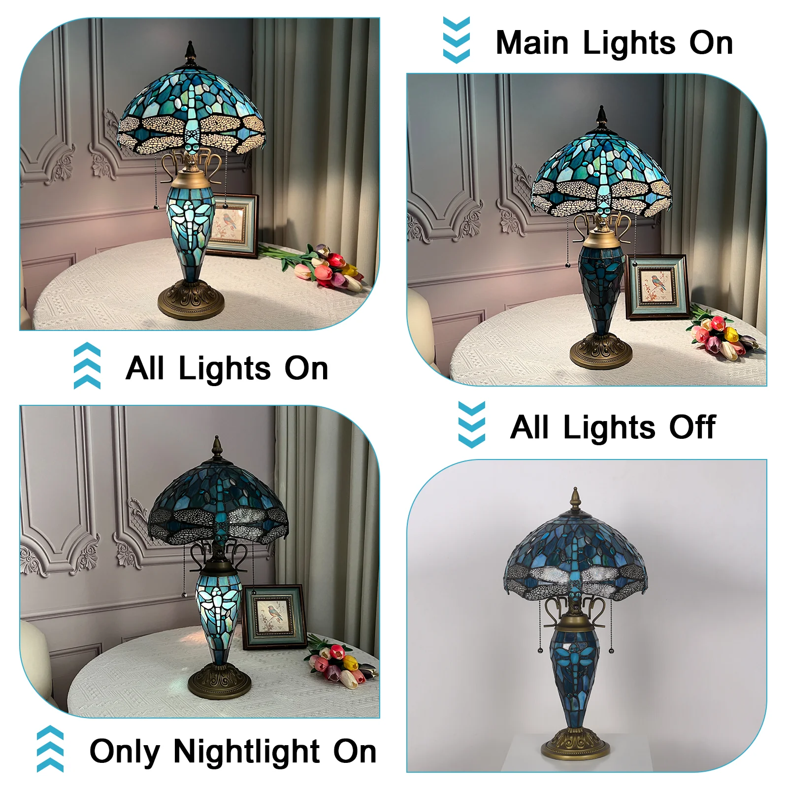 Tiffany Table Lamp with Nighlight [W12''xH24''], Tiffany Table Lights Antique Stained Glass Bedside Table Lamp for Bedside/Desk Reading/Living Room/Home Office/Bedroom(Dragonfly) - Image 6