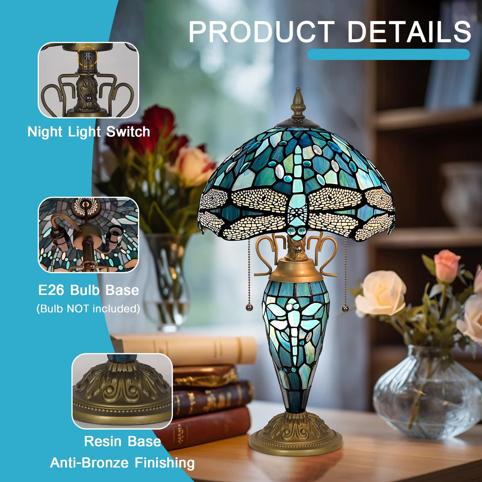 Tiffany Table Lamp with Nighlight [W12''xH24''], Tiffany Table Lights Antique Stained Glass Bedside Table Lamp for Bedside/Desk Reading/Living Room/Home Office/Bedroom(Dragonfly) - Image 7