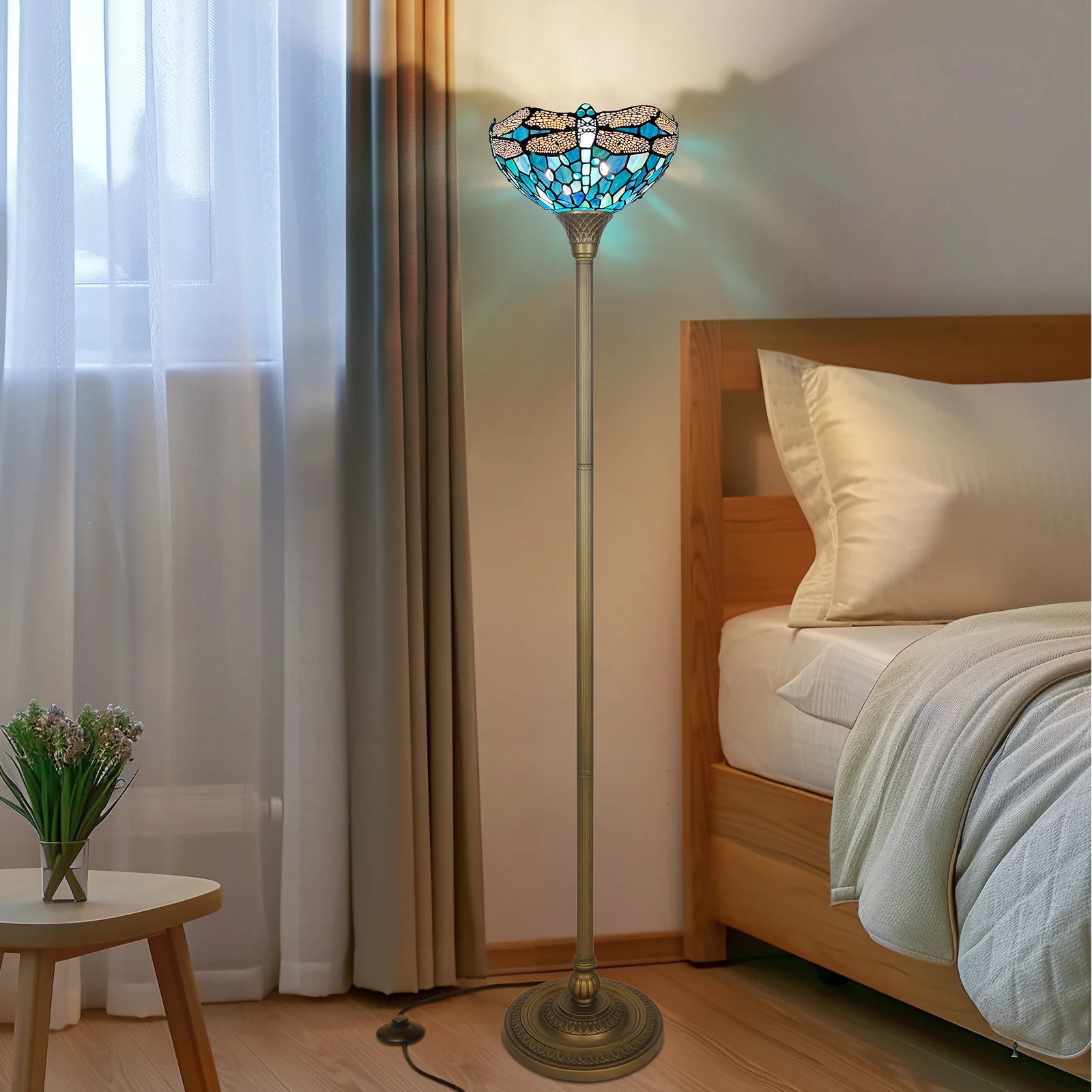 Tiffany Torchiere Floor Lamp,Handcrafted Stained Glass Lamp Shade,Antique Style Standing Corner Light for Living Room and Bedroom(Dragonfly) - Image 3